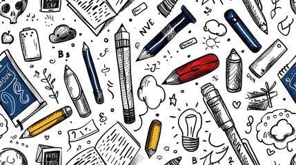 A seamless doodle pattern featuring various language learning items like flashcards, speech bubbles, and foreign characters, mixed with doodles of notebooks, pencils, and language apps,