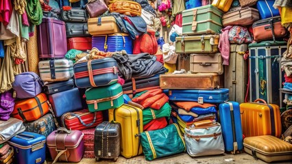 Colorful suitcases and bags stacked haphazardly, overflowing with clothes, accessories, and travel essentials, surrounded by a chaotic mess of cords and forgotten items.