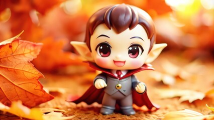 Naklejka premium A Small Vampire Figurine Posing Amidst Autumn Leaves
