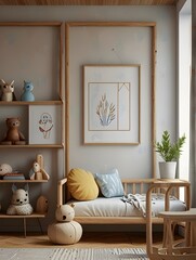  Mock up frame close up in children room with natural wooden furniture, 3D render 
