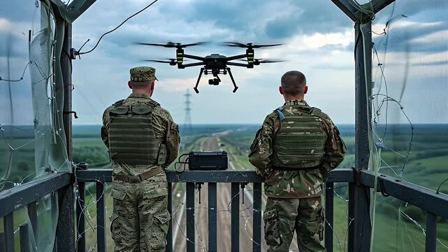 Positioned on a watchtower overlooking the Ukrainian border, two soldiers donning military uniforms operate a reconnaissance drone, its silent flight enabling them to monitor border crossings