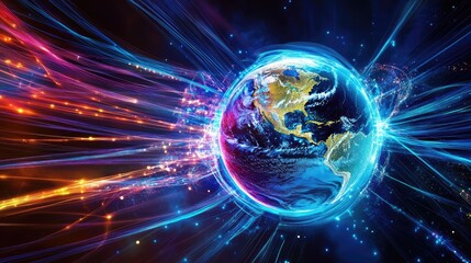 Obraz premium Earth globe surrounded by dynamic fiber optic lines, representing high-speed global communications and technological advancement