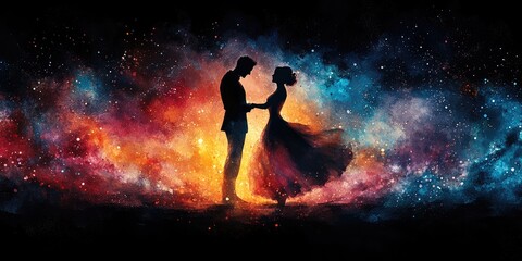 Obraz premium Silhouette of a Couple in a Starry Night Sky