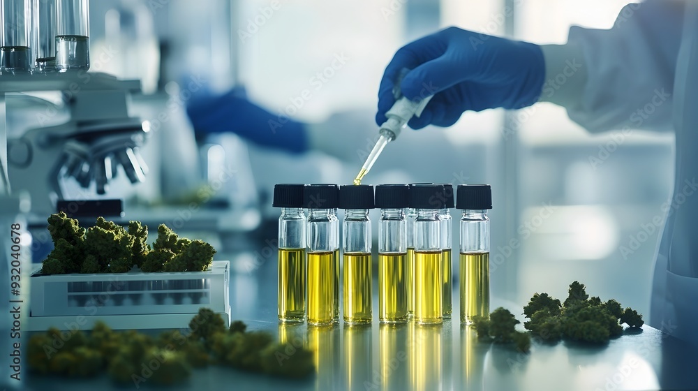 Poster cannabis extract laboratory scientists carefully examining vials and analyzing compounds in a state 