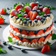 Delicious strawberry biscuit cake torte dessert with fresh berries and butter cream on concrete