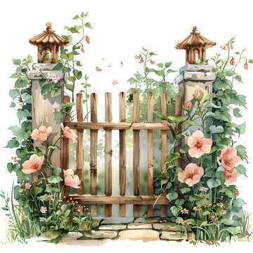 recommend clip art: Garden gate fence with Honeysuckle flower watercolor illustration clipart