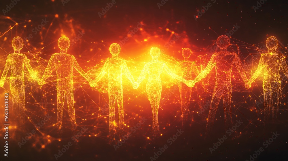 Poster unity in data connections - vibrant vector illustration of stick figures holding hands with glowing 