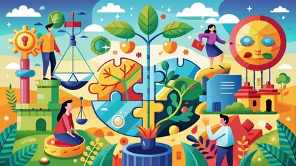 Colorful Abstract Illustration of People Working Together in a Vibrant World