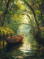 A wooden boat drifts quietly on a calm river, embraced by tall trees and dappled sunlight filtering through the foliage. Generative AI
