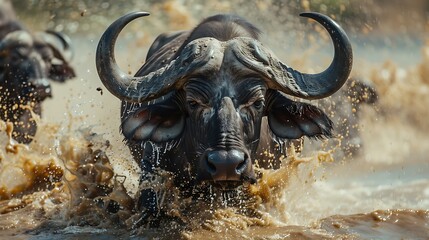 African Buffalo Charging Through Water