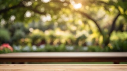 a empty wooden table with blurred garden background