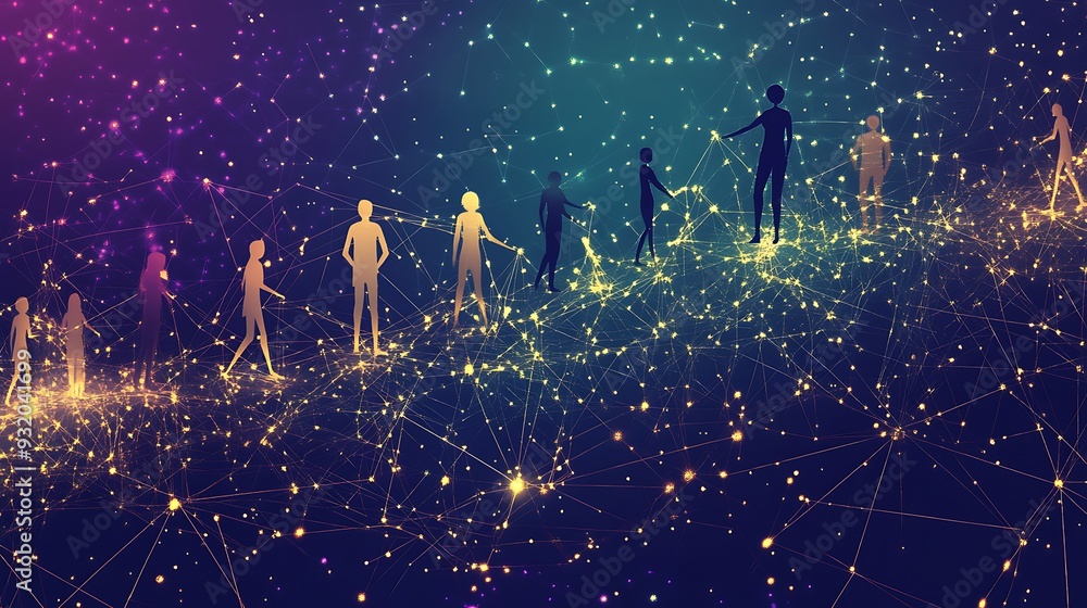 Poster illuminated connections: stick figures exploring luminous web on midnight blue background