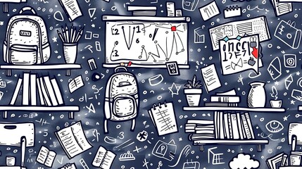 A seamless doodle pattern of a chaotic classroom with desks piled high with books, scattered chairs, backpacks hanging off the backrests, and chalkboards filled with equations,