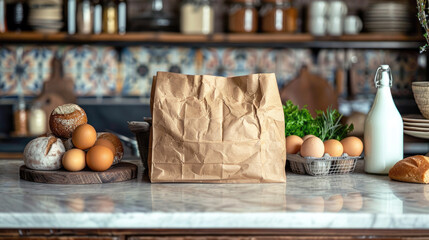 Fototapeta premium A grocery brown bag with eggs, milk and bread inside on a kitchen counter. Organic food from the farmers market.