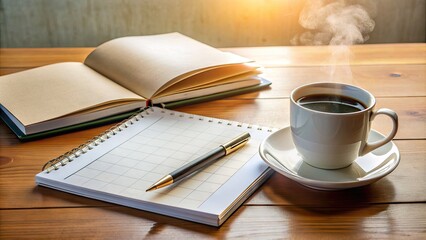 Compact calendar and pens neatly arranged on a clean desk beside an open textbook, surrounded by scattered notes and a steaming cup of coffee.