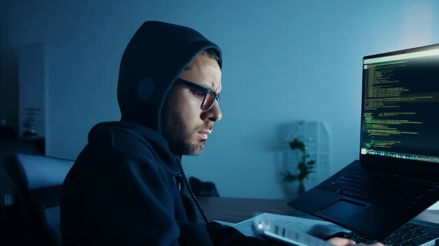 Codebreaker in Black Hoodie Focused on Digital Screen