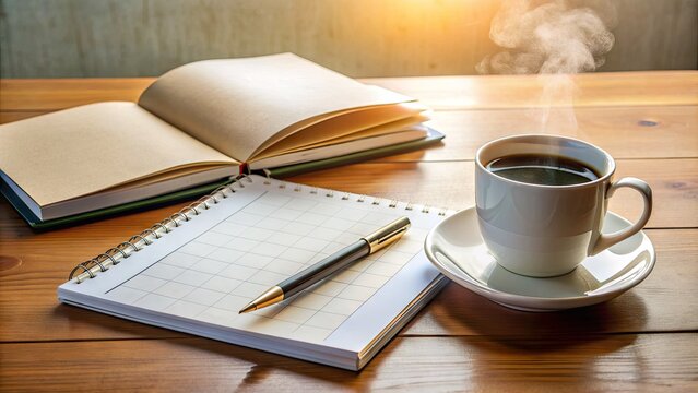 Compact calendar and pens neatly arranged on a clean desk beside an open textbook, surrounded by scattered notes and a steaming cup of coffee.