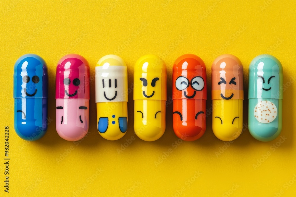 Poster a bright colorful set of animated pills with faces symbolizing the playful dynamic nature of modern 