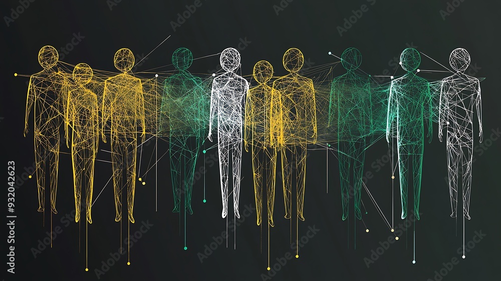 Poster connected stick figures in vibrant digital threads on dark background