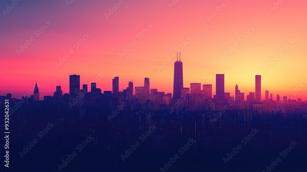 Wall mural silhouetted city skyline at sunset with vibrant sky