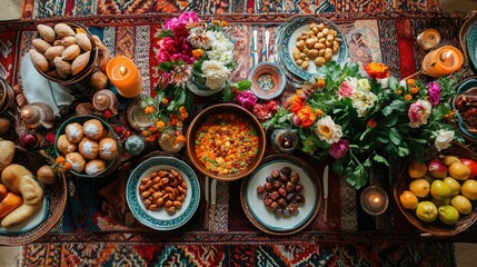 Zoroastrian New Year (Nowruz) table setting with a Haft-Seen arrangement. High angle view, copy space