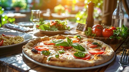 Delicious Pizza with Basil on a Rustic Table