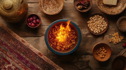 Zoroastrian sacred fire altar with sandalwood pieces arranged neatly beside it. High angle view, copy space