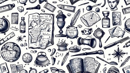 A seamless doodle pattern of scattered history elements including ancient maps, globes, and historical figures, surrounded by doodles of quills and scrolls, in vintage colors,