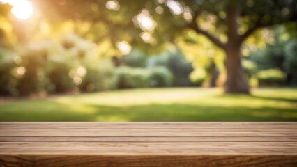 a empty wooden table with blurred garden background