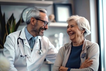 Fototapeta premium A smiling male doctor in a white coat offers guidance to an elderly patient during a medical appointment in a clinic.