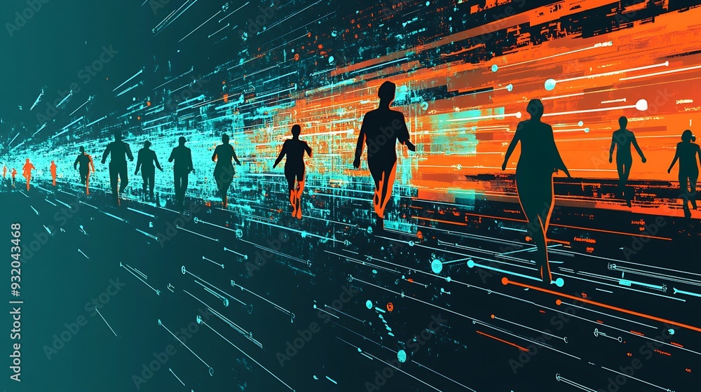Poster dynamic stick figures navigating luminous data grid in orange, cyan, and black tones on dark teal ba