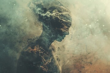 Abstract design of a human silhouette dissolving into smoke and ash against a distressed, grunge background, illustrating emotional exhaustion