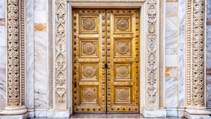 Fototapeta premium Ornate Golden Doors with Intricate Marble Framing