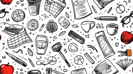 A seamless doodle pattern of scattered teacher’s desk items including apples, glasses, coffee cups, and lesson plans, surrounded by doodles of pencils, sticky notes, and books, in vibrant colors,