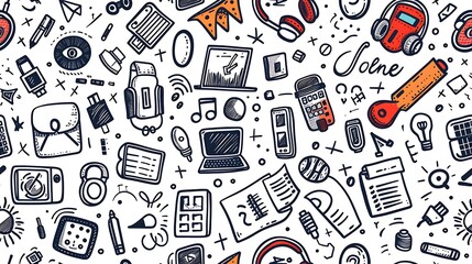 A seamless doodle pattern of scattered tech items including laptops, tablets, headphones, and coding symbols, surrounded by doodles of circuit boards and USB drives, in vibrant colors,