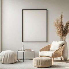 Minimalist living room with white walls, a plush armchair, a coffee table, and a large empty frame.