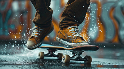 A detailed shot of a skateboard trick performed with well-worn sneakers, with water splashing on the pavement, capturing the raw energy of street skating.