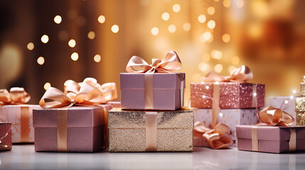 generated illustration pastel gifts boxes with defocused bokeh background