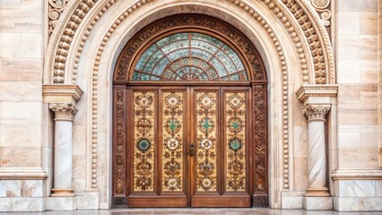 Obraz premium Ornate Double Doors with Intricate Carving and Glass Archway