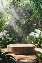 3D podium set against lush green forest backdrop, adorned with white plants