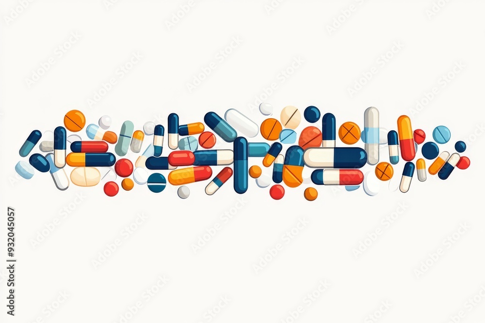 Poster a vibrant abstract illustration of various pills and capsules arranged in a dynamic pattern symboliz