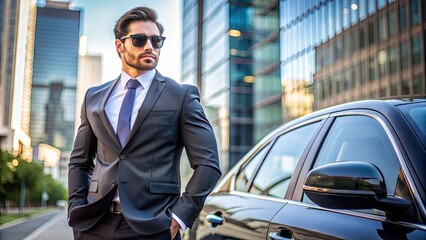 Confident Latin businessman in suit, tie, and sunglasses, standing proudly beside his sleek, shiny car, conveying success and professionalism in a urban setting.