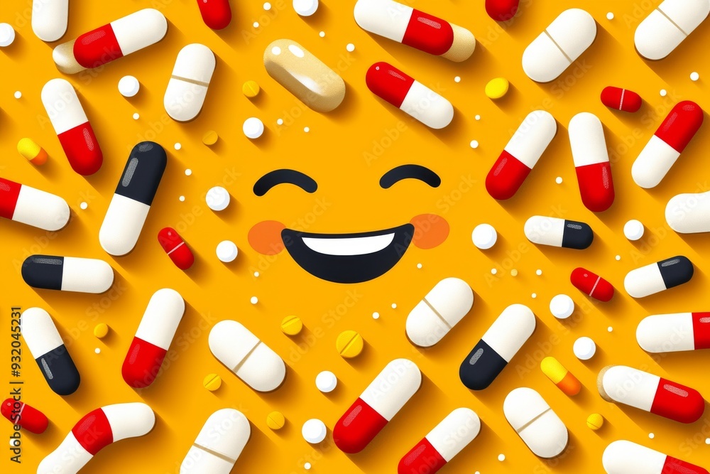 Poster a vibrant abstract pattern of colorful capsules with a large smiling face symbolizing the positive e