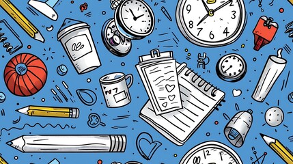 A seamless doodle pattern showcasing a mix of exam prep essentials like test papers, pencils, and clocks, with scattered items like stress balls, sticky notes, and coffee cups,
