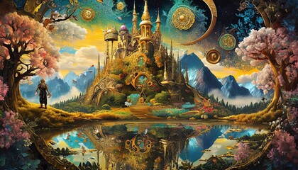 Naklejka premium fantasy landscape watercolor painting