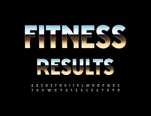 Vector motivation concept Fitness Results. Sporty metallic Font. Silver Alphabet Letters and Numbers set.