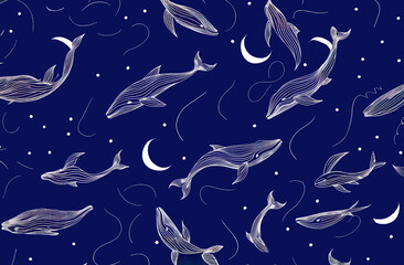Whales and crescent moons pattern seamless wallpaper with midnight blue background. endless decorative texture. 