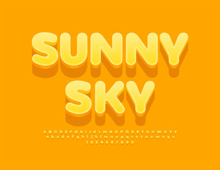 Vector summer flyer Sunny Sky. Cute Yellow Font. Creative set of Alphabet Letters, Numbers and Symbols.