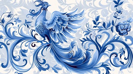 Blue Phoenix in Floral Swirls