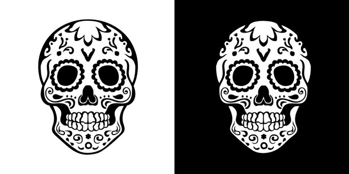 Set of two black and white hand drawn linear Calavera for Day of the Dead. Outline ink art with traditional decorated Mexican sugar skulls as Dia de los Muertos symbol. Tattoo design,  calaca icon